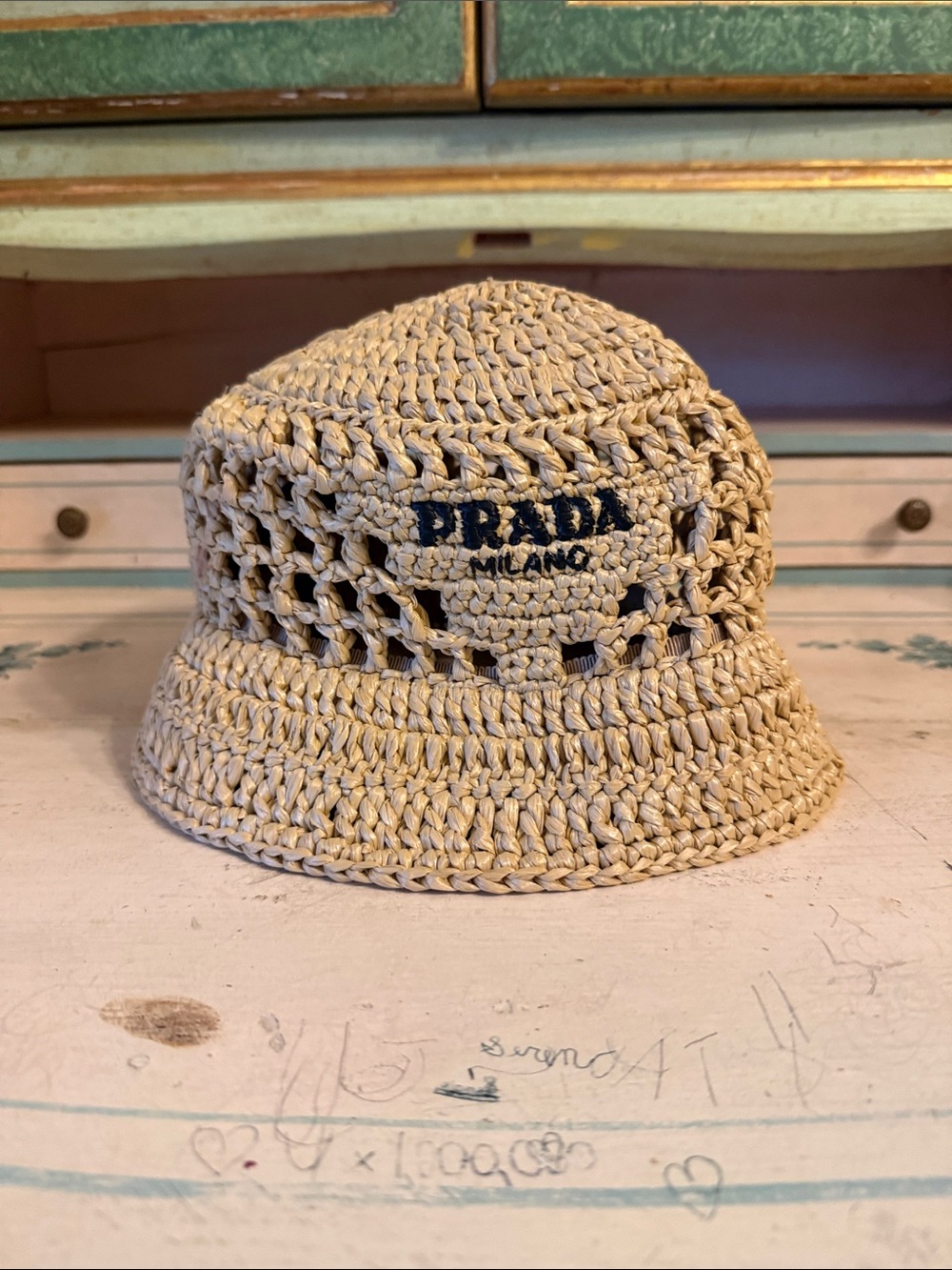 Prada Beige Crochet Bucket Hat with Milano Logo